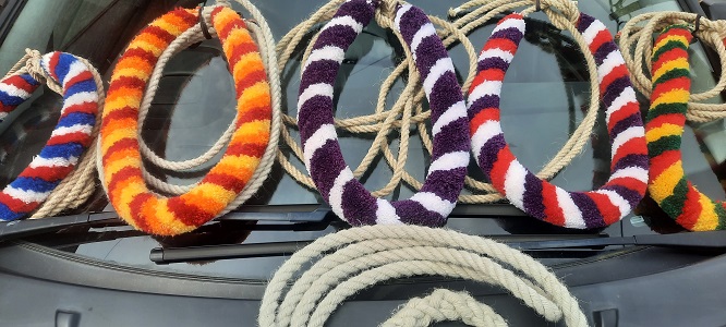 A Range of different tower rope bottem ends, with different sally colours.